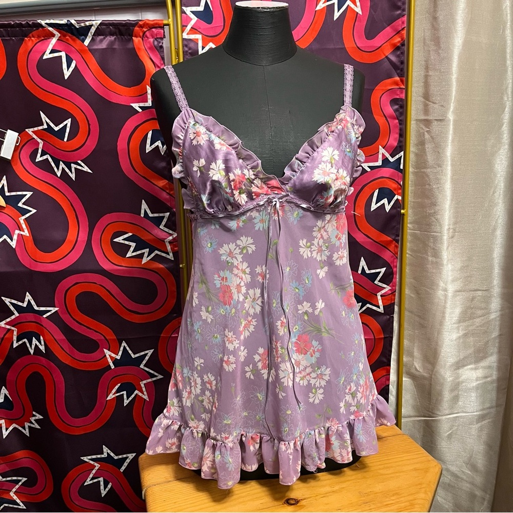 Vintage Y2K Victoria’s Secret Lilac Purple Floral Babydoll Dress Chiffon Mini